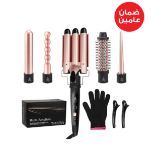مجموعة مكواة تجعيد الشعر مع 5 رؤوس قابلة للتبديل، تتضمن فرشاة حرارية، ومكواة تجعيد الشعر، و3 مكواة تجعيد شعر سيراميكية